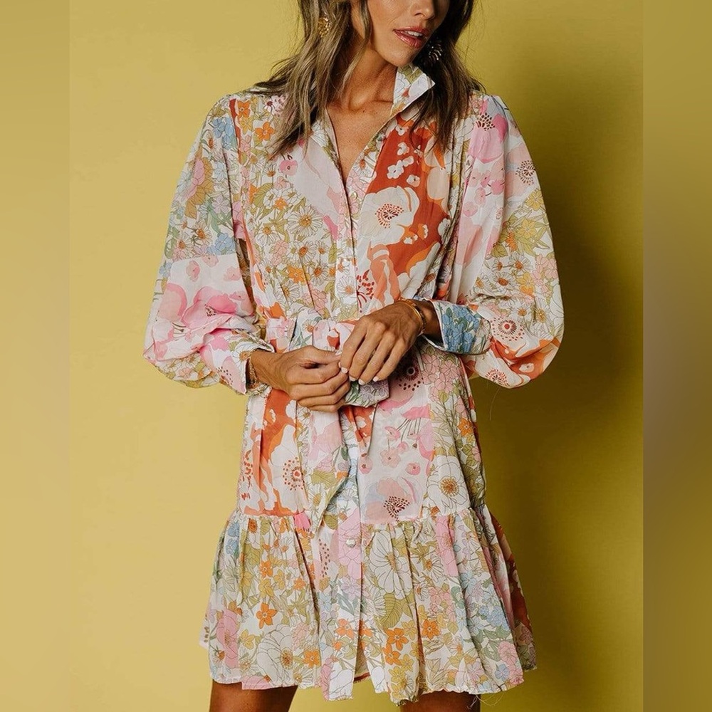 Pink Ripple Floral Garden Long Sleeve Shift mini Dress Size Small - Picture 4 of 15